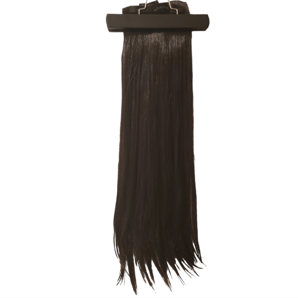 NWOT Synthetic Human Black Hair with Clip extensions 25 inches w/ hanger bag